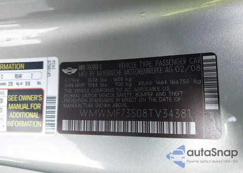 2008 Mini Cooper S z USA, uszkodzony, nr VIN WMWMF73508TV34381